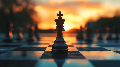 Sunlit chess king stands in sharp focus at dramatic sunset