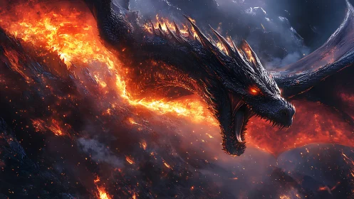 Fire-breathing obsidian dragon surges through a volcanic storm