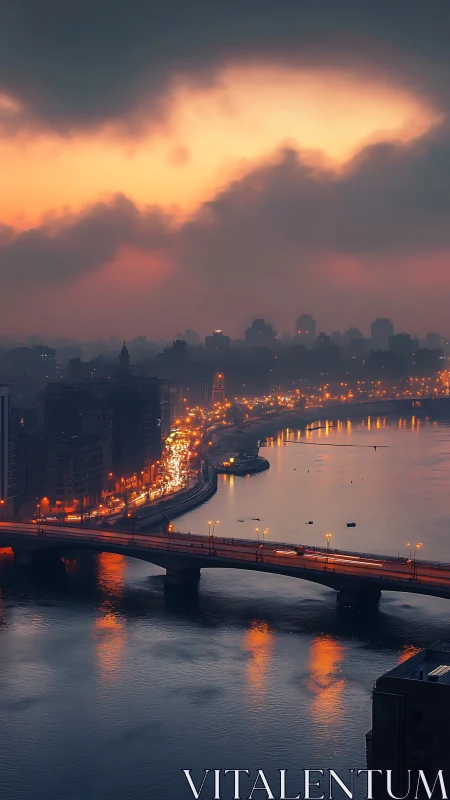 Urban riverside bridge and traffic observed under overcast sky