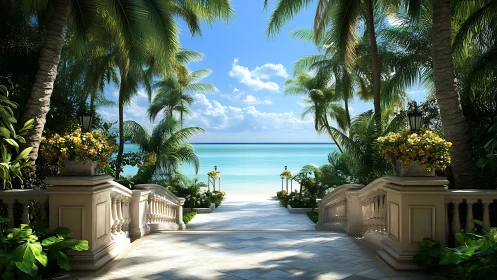 Tropical Beachfront Walkway with Palm Trees and Ocean View.