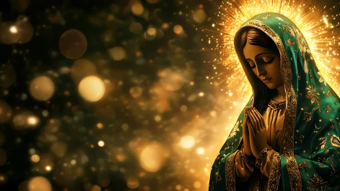 Radiant praying Madonna glows within golden celestial light
