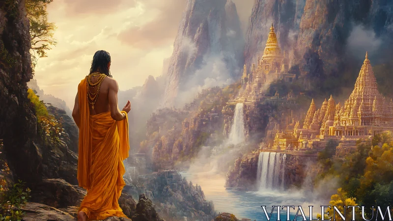 Monk in orange robe overlooking golden mountain temples