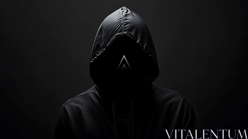 Hooded cipher in shadowed void with stark geometric emblem.