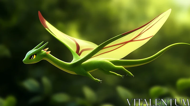 Green winged dragon creature gliding over blurred foliage.