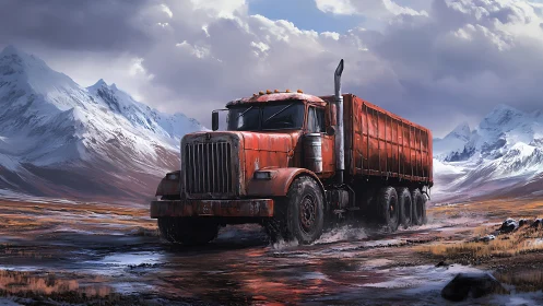 Weathered red freight truck crossing alpine wetland plain.