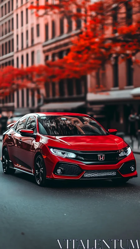 Photorealistic red hatchback in cinematic urban streetscape.