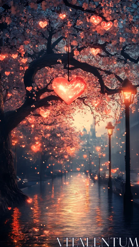 Luminous hearts suspended in glowing cherry blossom arch.