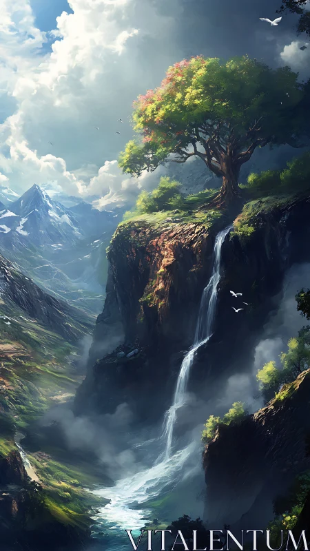 Sunlit cliffside tree welcomes a soaring mountain waterfall