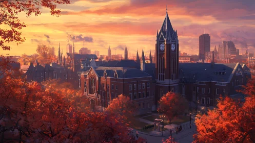 Clock tower campus stands amid dense autumn foliage at dusk