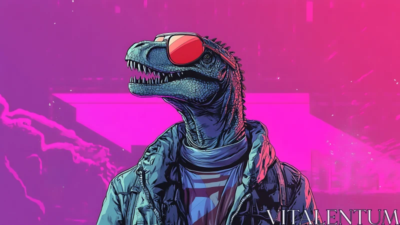 Neon raptor rebel in shades prowls a synthwave skyline.
