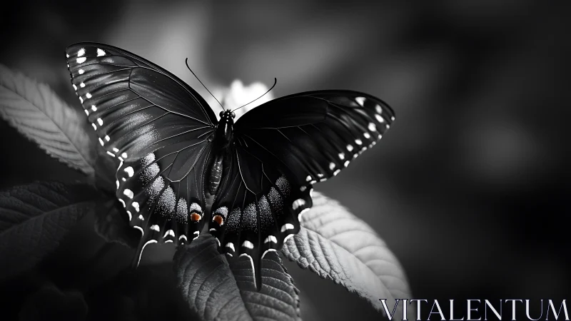 Monochrome close-up of black butterfly on foliage.