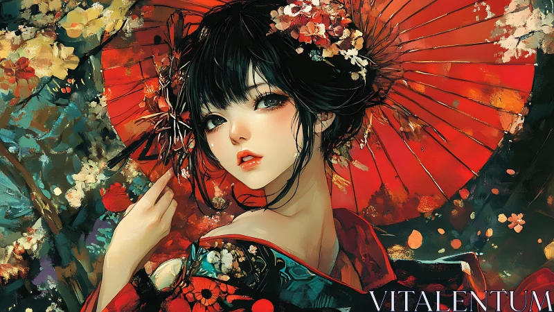 Geisha portrait framed by vivid red umbrella and blossoms
