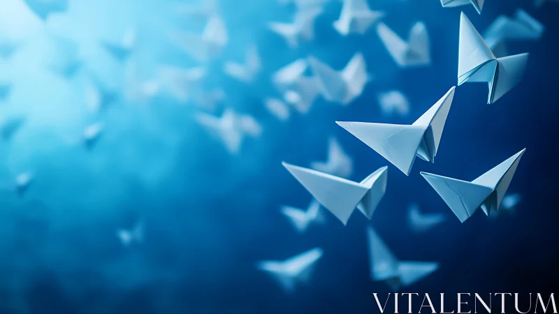Origami paper birds in dynamic blue depth of field scene.