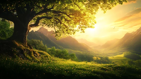 Sunlit tree on hillside above bright green mountain valley.