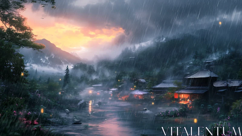 Rain-soaked mountain village at dusk with glowing lanterns.