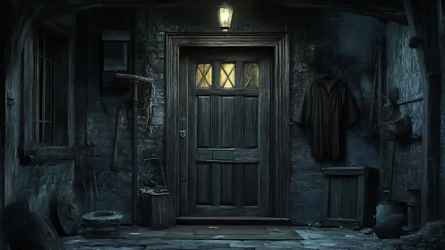 Weathered wooden doorway under single lantern with nocturnal chiaroscuro