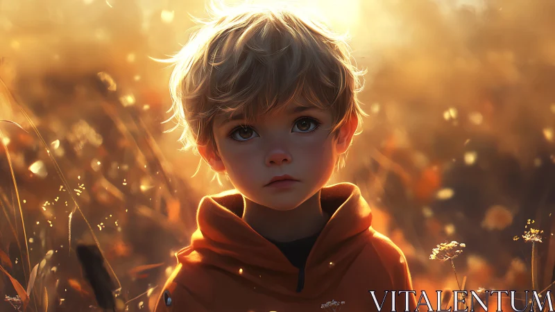 Young child in orange hoodie amid sunlit field at dusk.