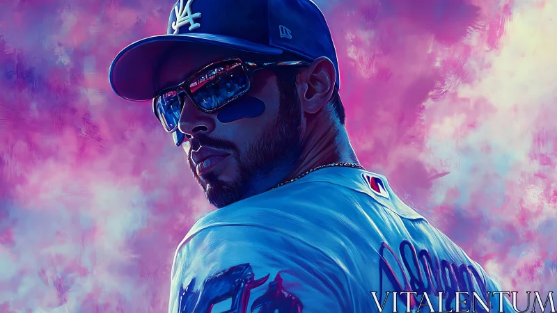 Dynamic baseball portrait in neon magenta and cyan lighting.