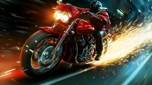 Red sport motorcycle racing through night city sparks.