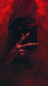 Hooded figure framed by red digital haze captures a phone selfie