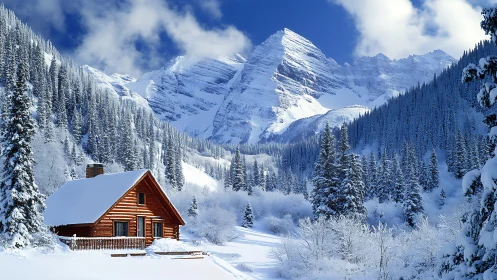 Snow-draped log cabin dreams beneath towering alpine giants