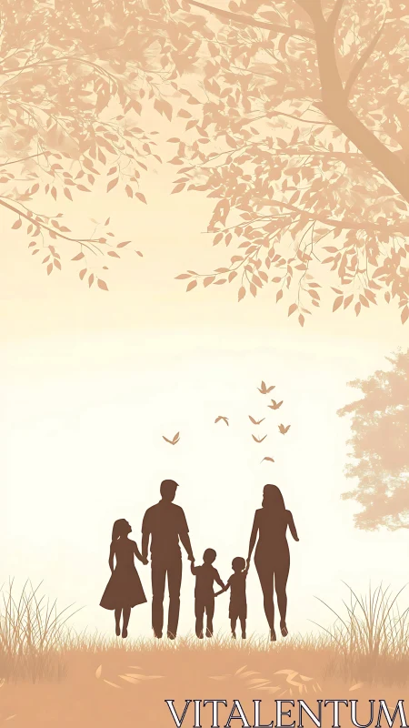 Silhouetted family walks beneath leafy canopy at sunset