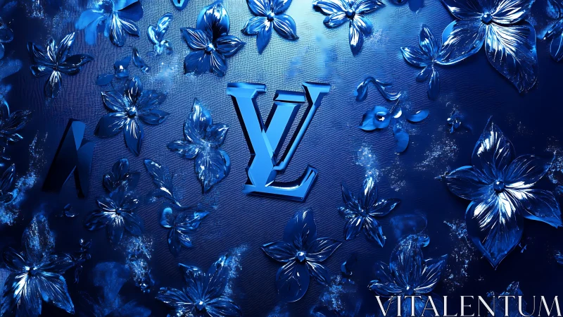 Shimmering blue floral logo bathed in dreamy evening light.