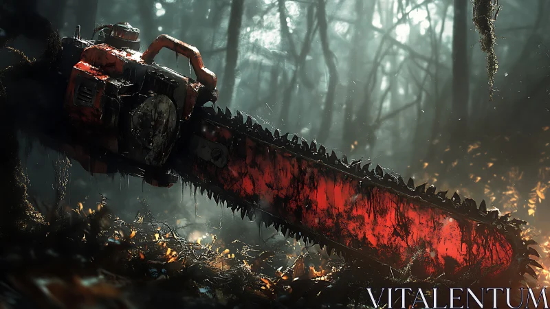 Bloodbright chainsaw dreaming in a haunted forest hush.