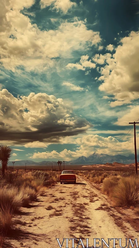 Dusty roadside daydream carries a lone car into cloud kingdoms