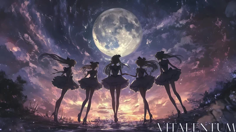 Anime moonlit ensemble in silhouetted backlit composition.