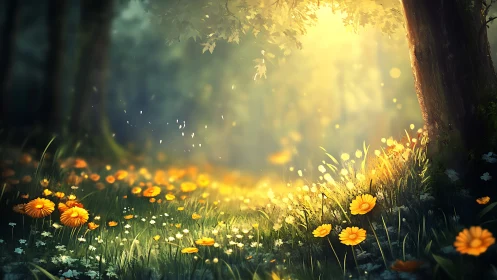 Golden forest meadow glows softly in warm morning sunlight