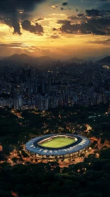 Football stadium under city skyline at dramatic sunset.