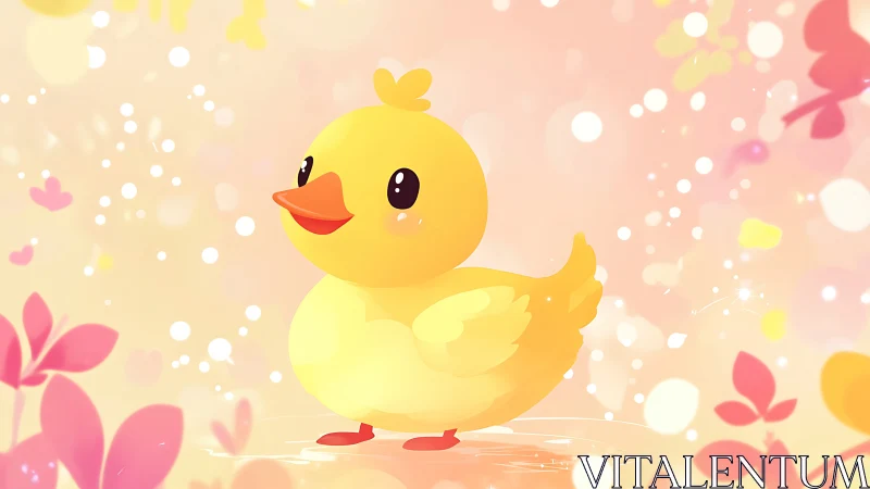 Cute yellow duckling stands in glowing pastel garden light