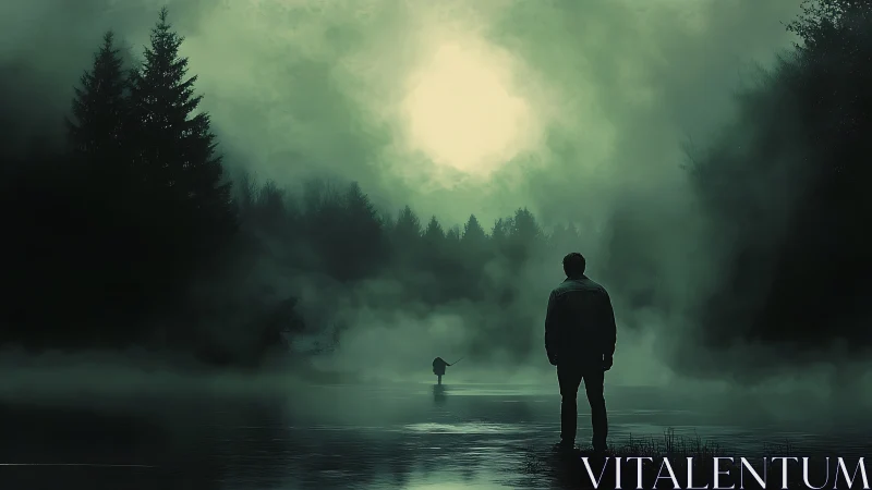 Solitary figure studies eerie green fog over forest lake.