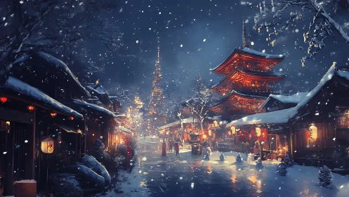Snow-covered Japanese street with illuminated pagoda and lantern glow