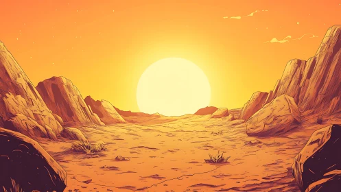 Digital painting desert panorama with low sun and rocky escarpment.