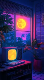 Retro CRT workstation under neon lunar tropic window glow