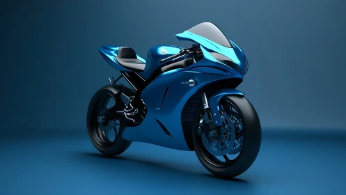 Sleek blue sport motorcycle stands poised in a studio glow