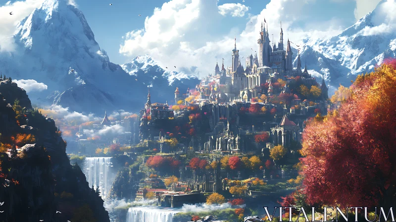 Mountain citadel rising above tiered waterfalls in autumn light