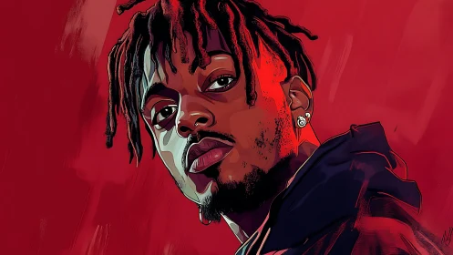 Bold stylized portrait against intense crimson backdrop.