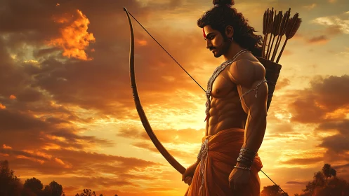 Epic archer silhouette against cinematic fiery sunset sky.