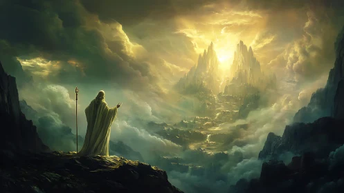 Cloaked figure faces luminous mountain city in dense clouds