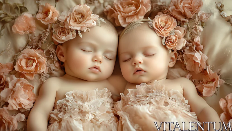 Twin Infant Figures with Peach Floral Crown Arrangement