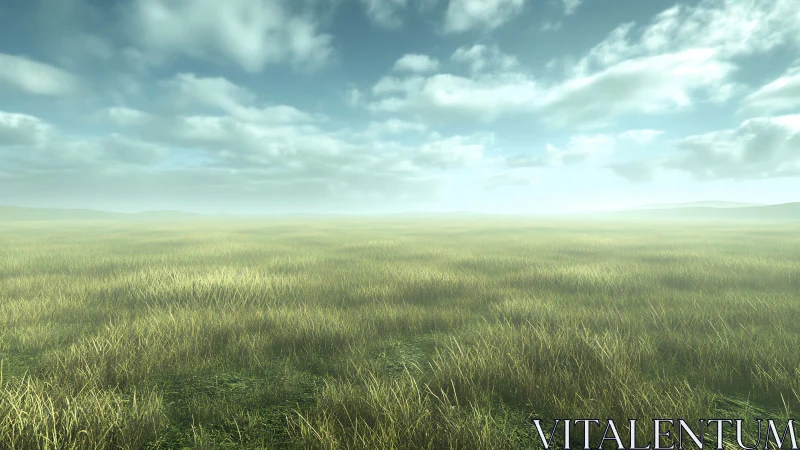 Photorealistic misted grassland under expansive sky plane.
