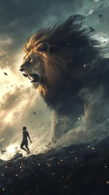 Giant lion silhouette behind human figure in stormy scene.