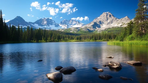 Serene alpine lake mirroring snowcapped mountains at noon.