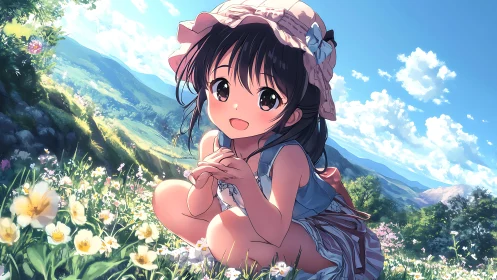 Anime child in summer meadow with distant mountain range.