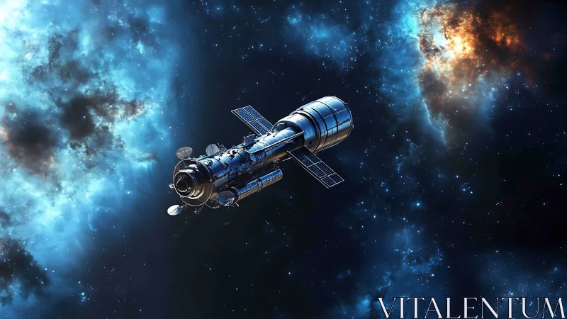 Starbound satellite drifting through electric nebula glow.