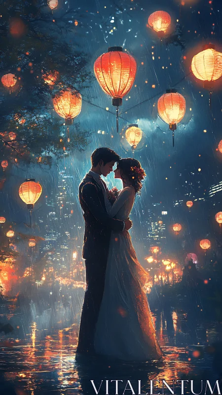 Lanternlit rain turns a quiet midnight embrace into fireworks