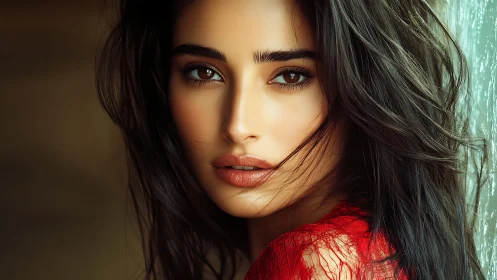 Portrait shows intense gaze of brunette woman in soft light